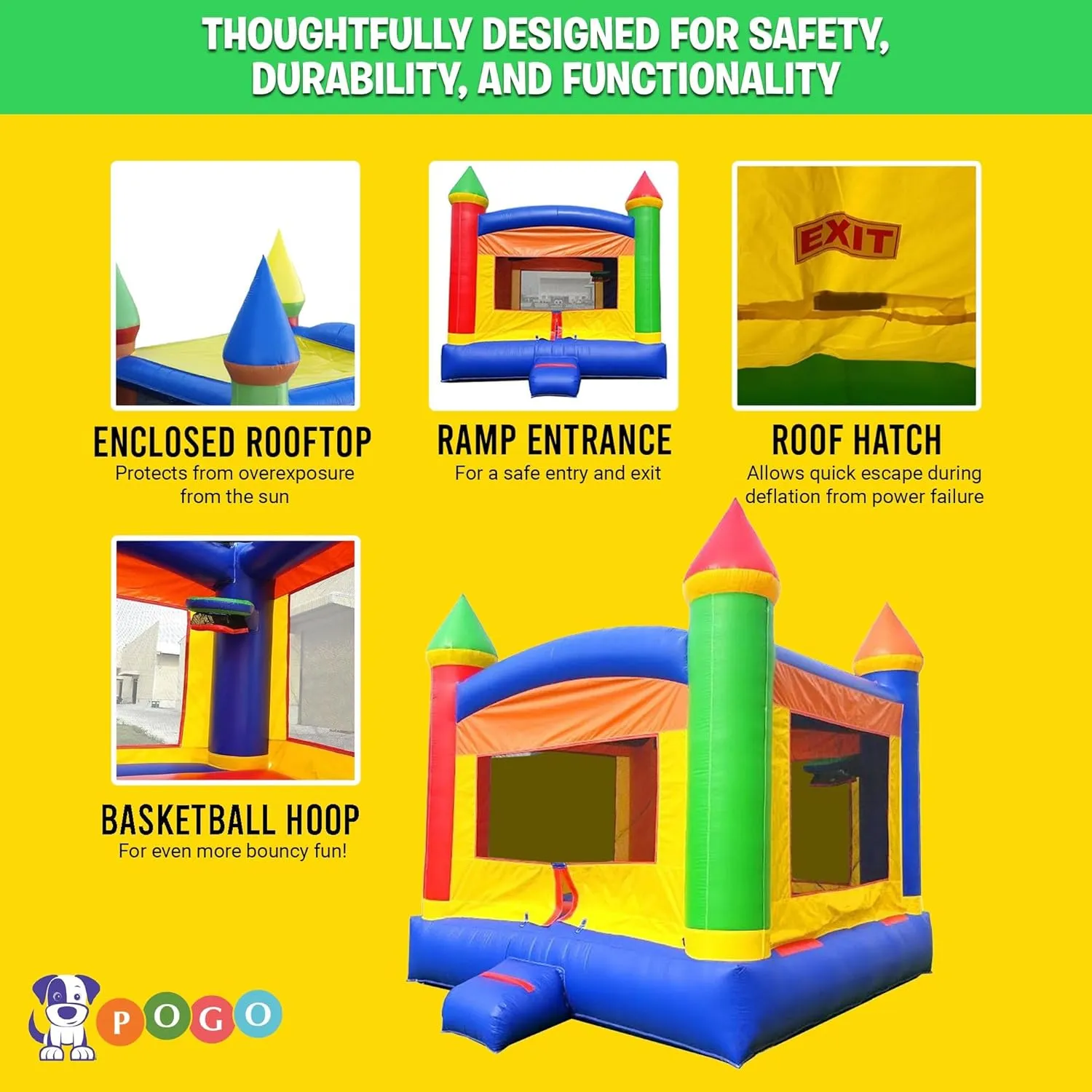 Pogo Bounce House Crossover Inflatable Bounce House, Rainbow Castle, 13 x 12 x 14.5 Foot, Outdoor Playhouse for Kids Outdoor Commercial Bouncer Castle, Basketball Hoop, Blower, Stakes, & Storage Bag