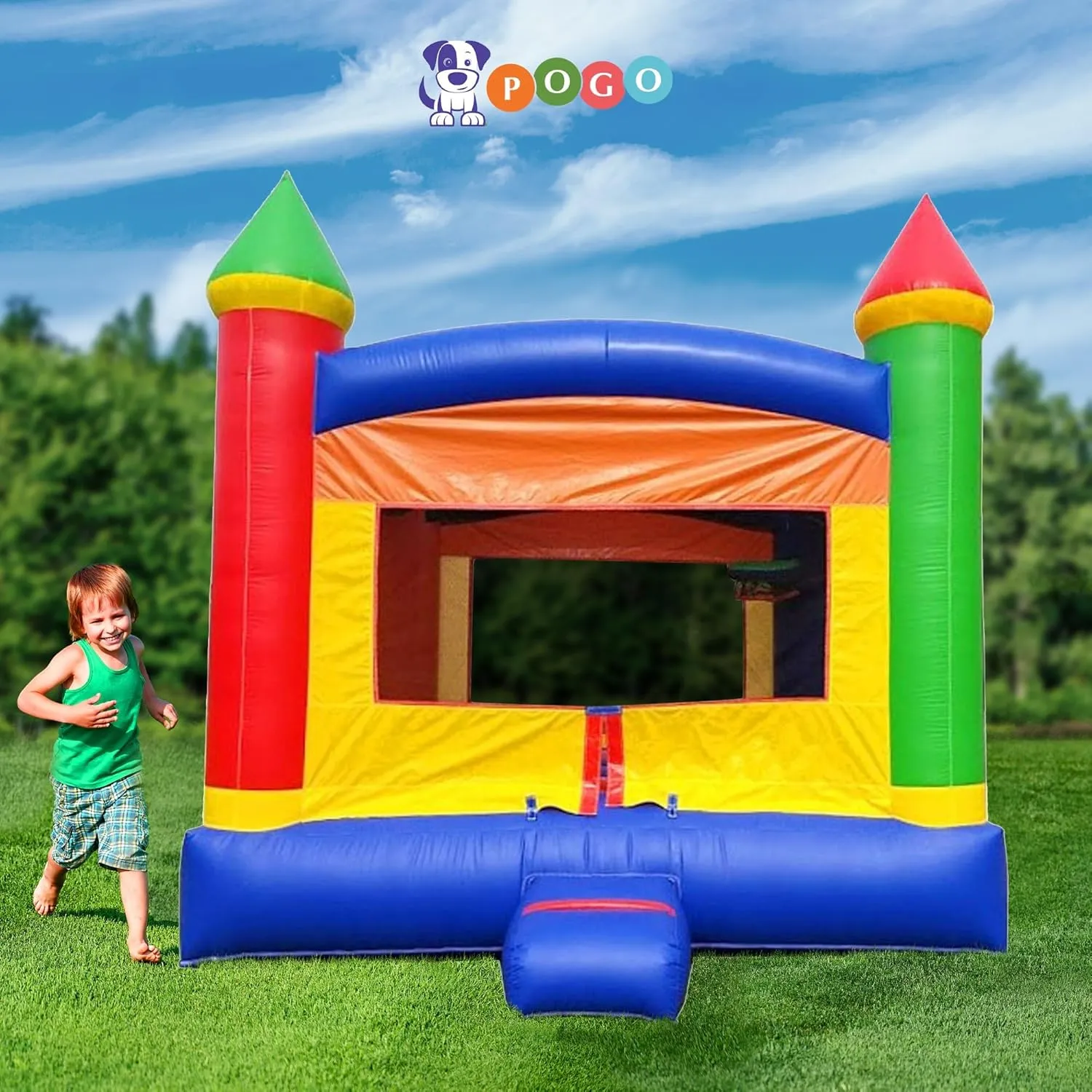 Pogo Bounce House Crossover Inflatable Bounce House, Rainbow Castle, 13 x 12 x 14.5 Foot, Outdoor Playhouse for Kids Outdoor Commercial Bouncer Castle, Basketball Hoop, Blower, Stakes, & Storage Bag