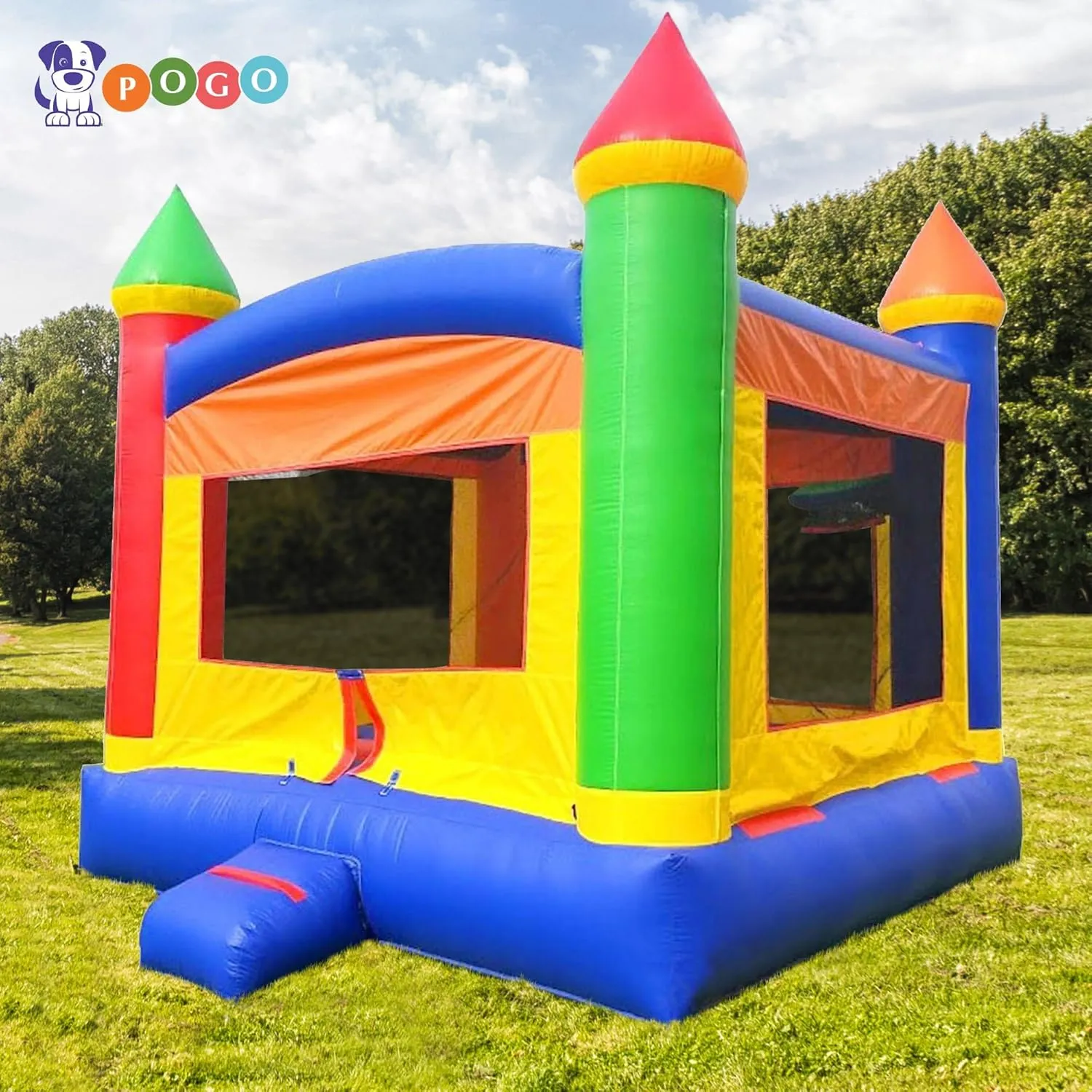Pogo Bounce House Crossover Inflatable Bounce House, Rainbow Castle, 13 x 12 x 14.5 Foot, Outdoor Playhouse for Kids Outdoor Commercial Bouncer Castle, Basketball Hoop, Blower, Stakes, & Storage Bag