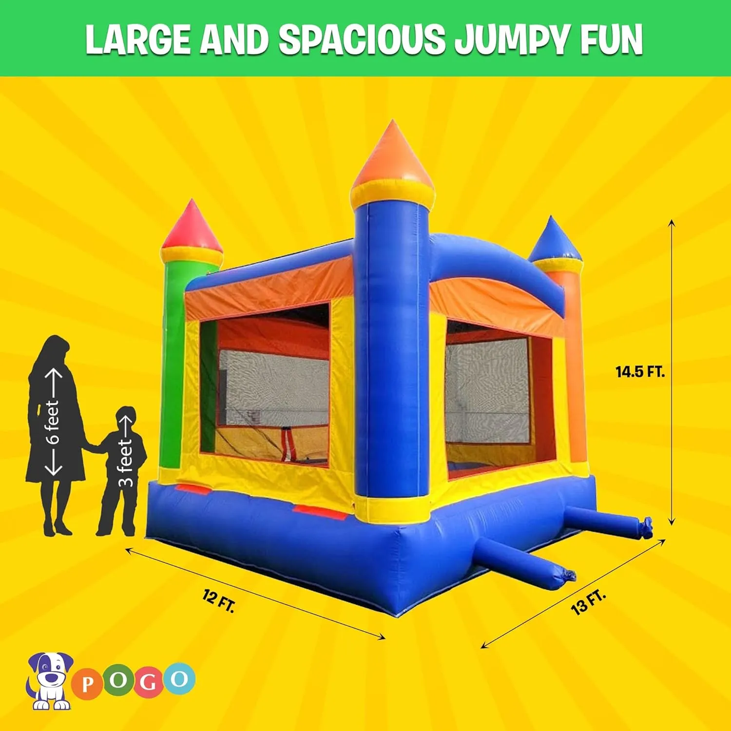 Pogo Bounce House Crossover Inflatable Bounce House, Rainbow Castle, 13 x 12 x 14.5 Foot, Outdoor Playhouse for Kids Outdoor Commercial Bouncer Castle, Basketball Hoop, Blower, Stakes, & Storage Bag