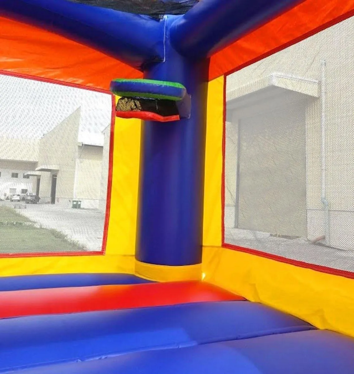 Pogo Bounce House Crossover Inflatable Bounce House, Rainbow Castle, 13 x 12 x 14.5 Foot, Outdoor Playhouse for Kids Outdoor Commercial Bouncer Castle, Basketball Hoop, Blower, Stakes, & Storage Bag