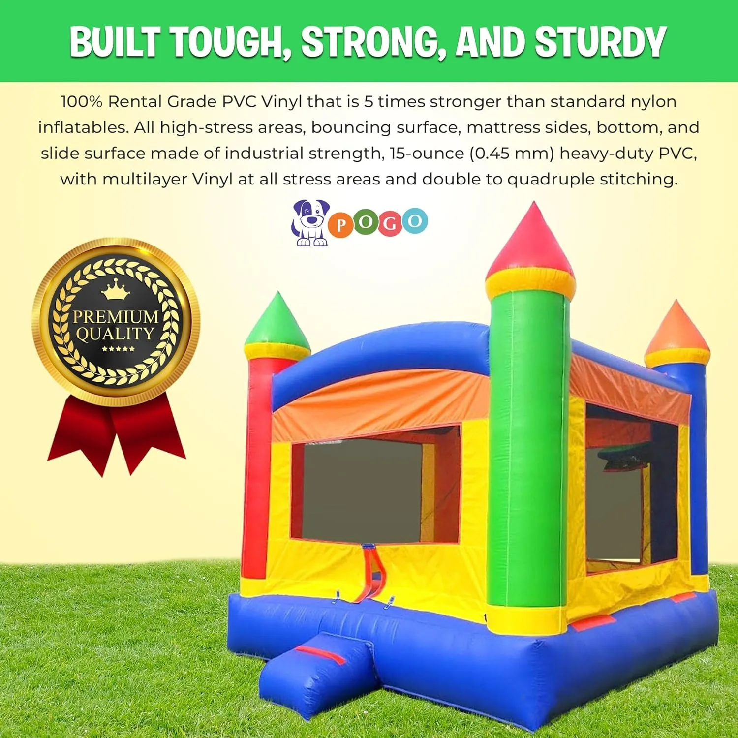 Pogo Bounce House Crossover Inflatable Bounce House, Rainbow Castle, 13 x 12 x 14.5 Foot, Outdoor Playhouse for Kids Outdoor Commercial Bouncer Castle, Basketball Hoop, Blower, Stakes, & Storage Bag