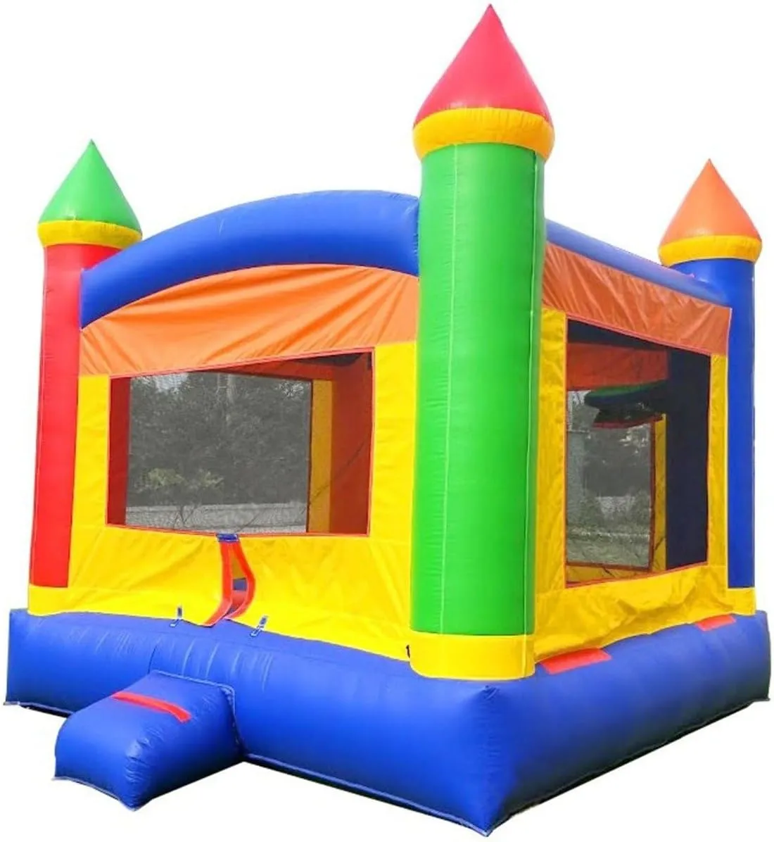 Pogo Bounce House Crossover Inflatable Bounce House, Rainbow Castle, 13 x 12 x 14.5 Foot, Outdoor Playhouse for Kids Outdoor Commercial Bouncer Castle, Basketball Hoop, Blower, Stakes, & Storage Bag