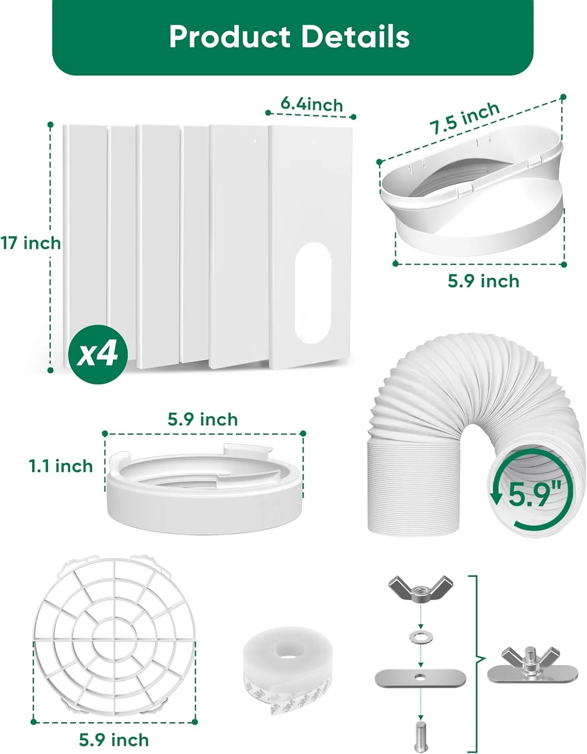 Portable Air Conditioner Window Vent Kit, with 5.9 Exhaust Hose, 4 Slide Seal Plates, Universal Coupler, Adjustable AC Vent Kit for Ducting Universal for Horizontal & Vertical Windows