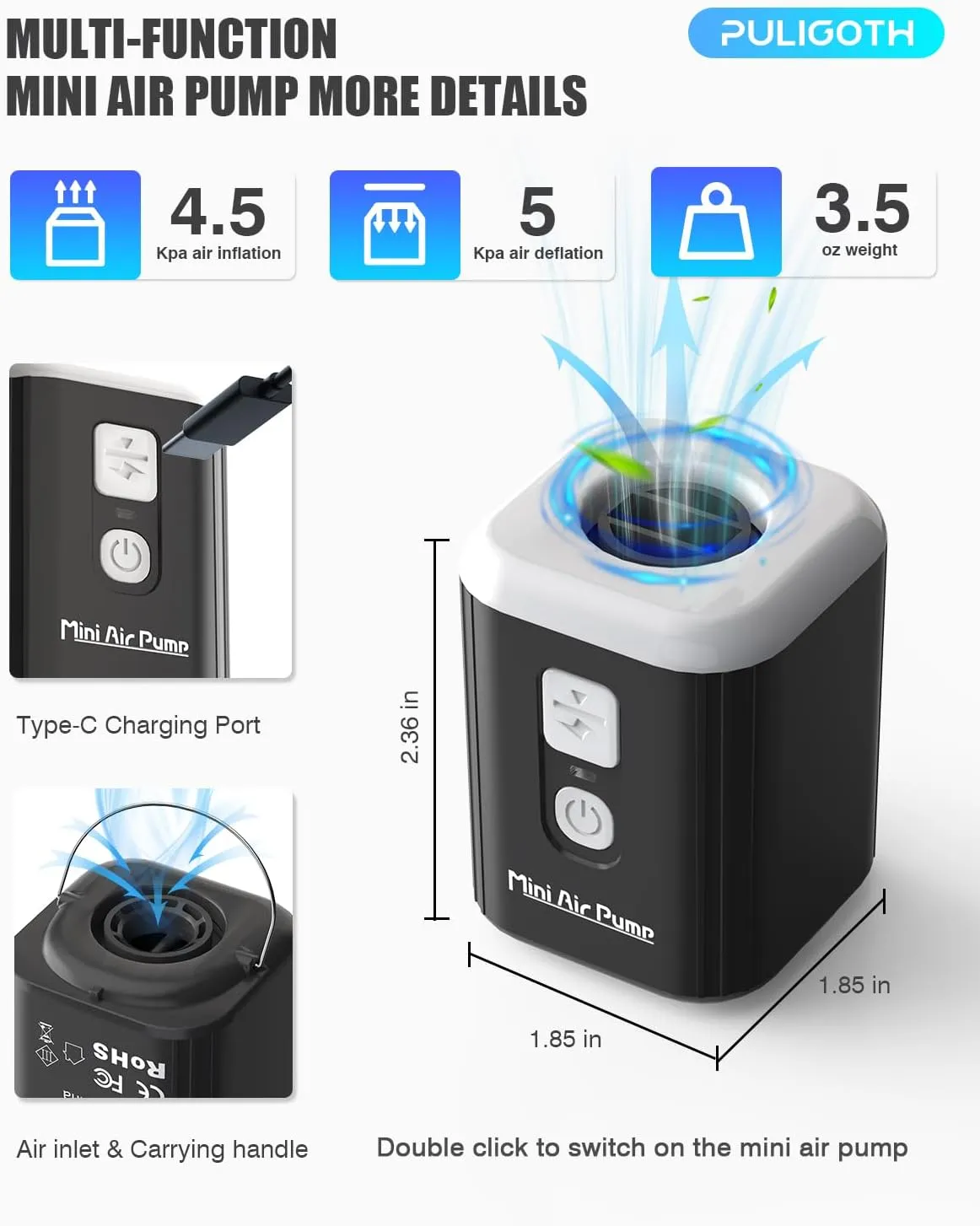 Portable Air Pump for Inflatables: Mini Air Pump with 1600mAh Battery & Camping Light - Rechargeable Electric Pump for Vacuum Storage Bags, Air Mattress, Swimming Ring, Pool Floats
