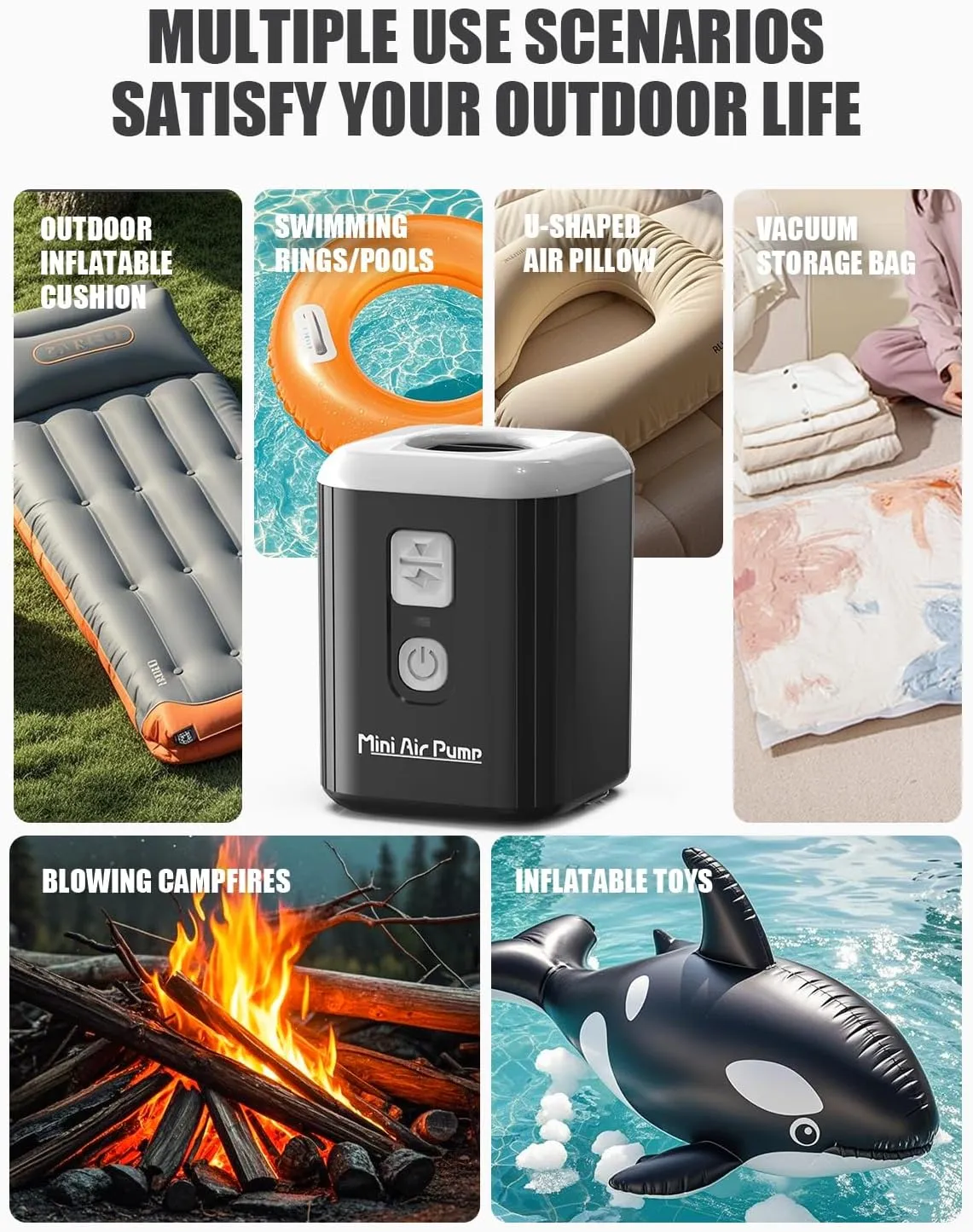 Portable Air Pump for Inflatables: Mini Air Pump with 1600mAh Battery & Camping Light - Rechargeable Electric Pump for Vacuum Storage Bags, Air Mattress, Swimming Ring, Pool Floats