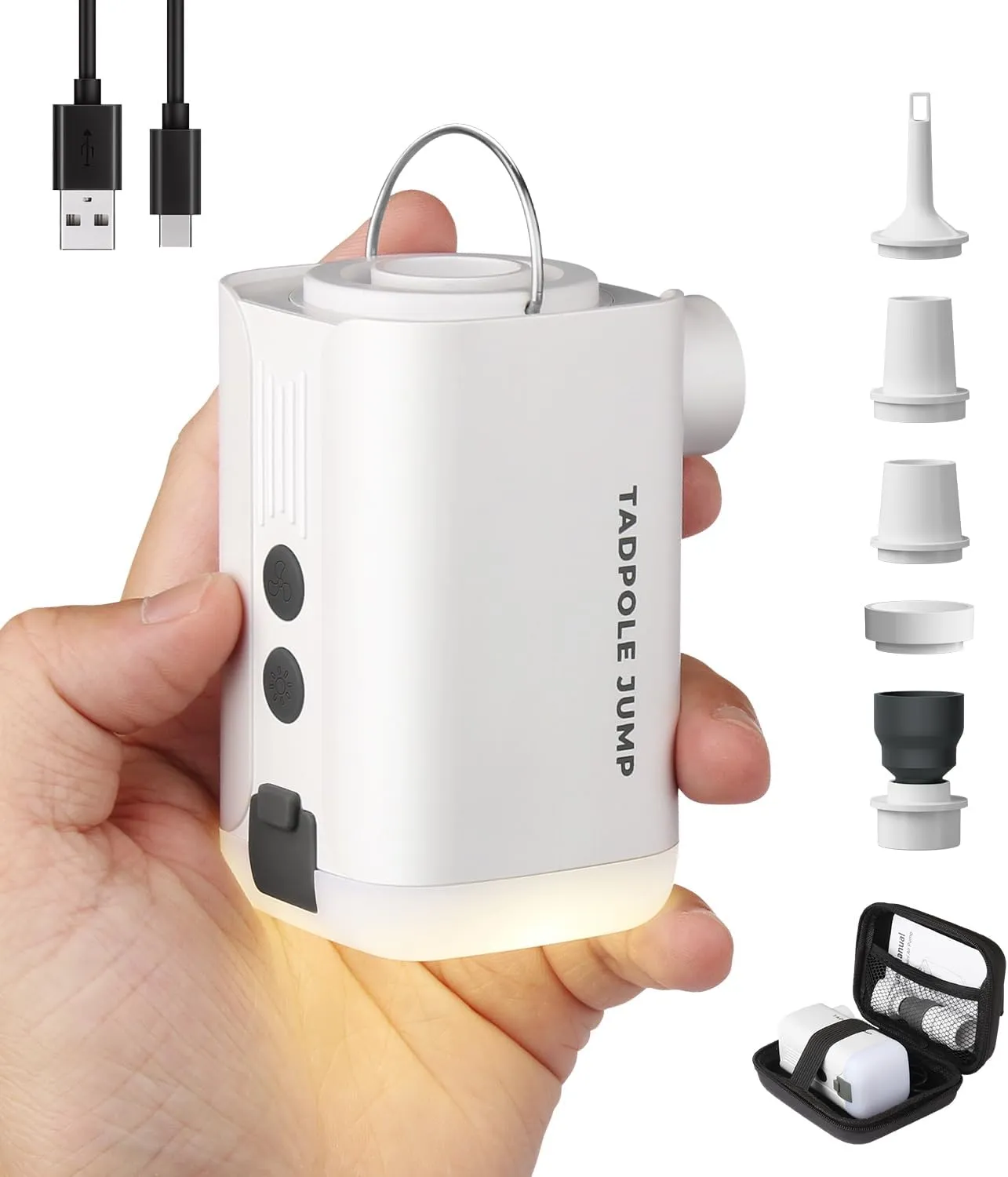 Portable Mini Air Pump 5.5KPa 3600mAh Rechargeable Electric Pump with LED Camping Light & Reverse Charging, Compact Outdoor Inflator/Deflator for Air Mattress Sleeping Pads and Pool Floats, 5 Nozzles