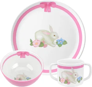 Portmeirion Botanic Garden Terrace 3-Piece Dinner Set - Bunny Motif with Pink Accents, BPA-Free Melamine Plate, Bowl, Mug - Shatterproof & Dishwasher Safe, Kids' Play Kitchen Accessories