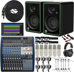 PreSonus StudioLive AR12c 14-Channel Hybrid Mixer and Audio Interface with Effects with 6x LP Professional Condenser Microphones Sets Shock Mounts & Mic Stands & Headphones, CR3-X Studio Monitors