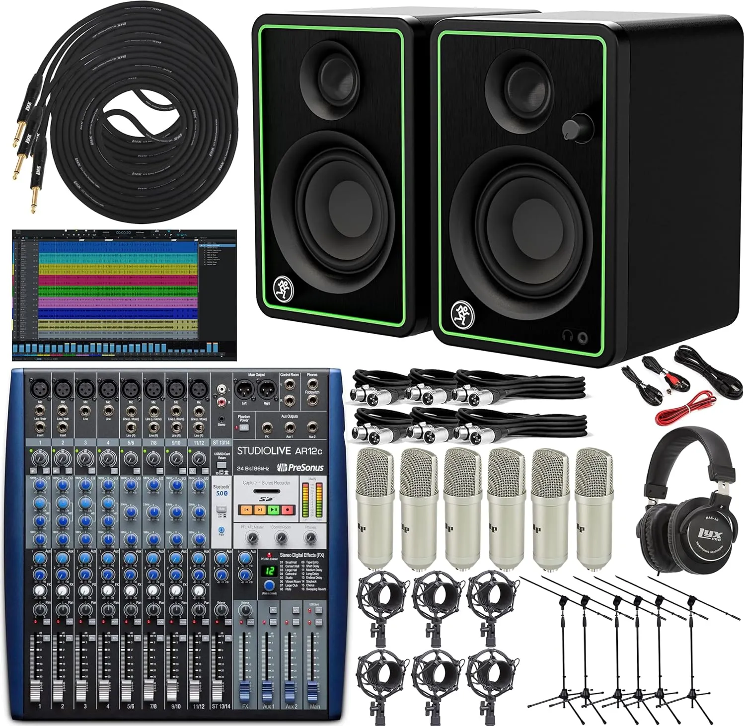PreSonus StudioLive AR12c 14-Channel Hybrid Mixer and Audio Interface with Effects with 6x LP Professional Condenser Microphones Sets Shock Mounts & Mic Stands & Headphones, CR3-X Studio Monitors