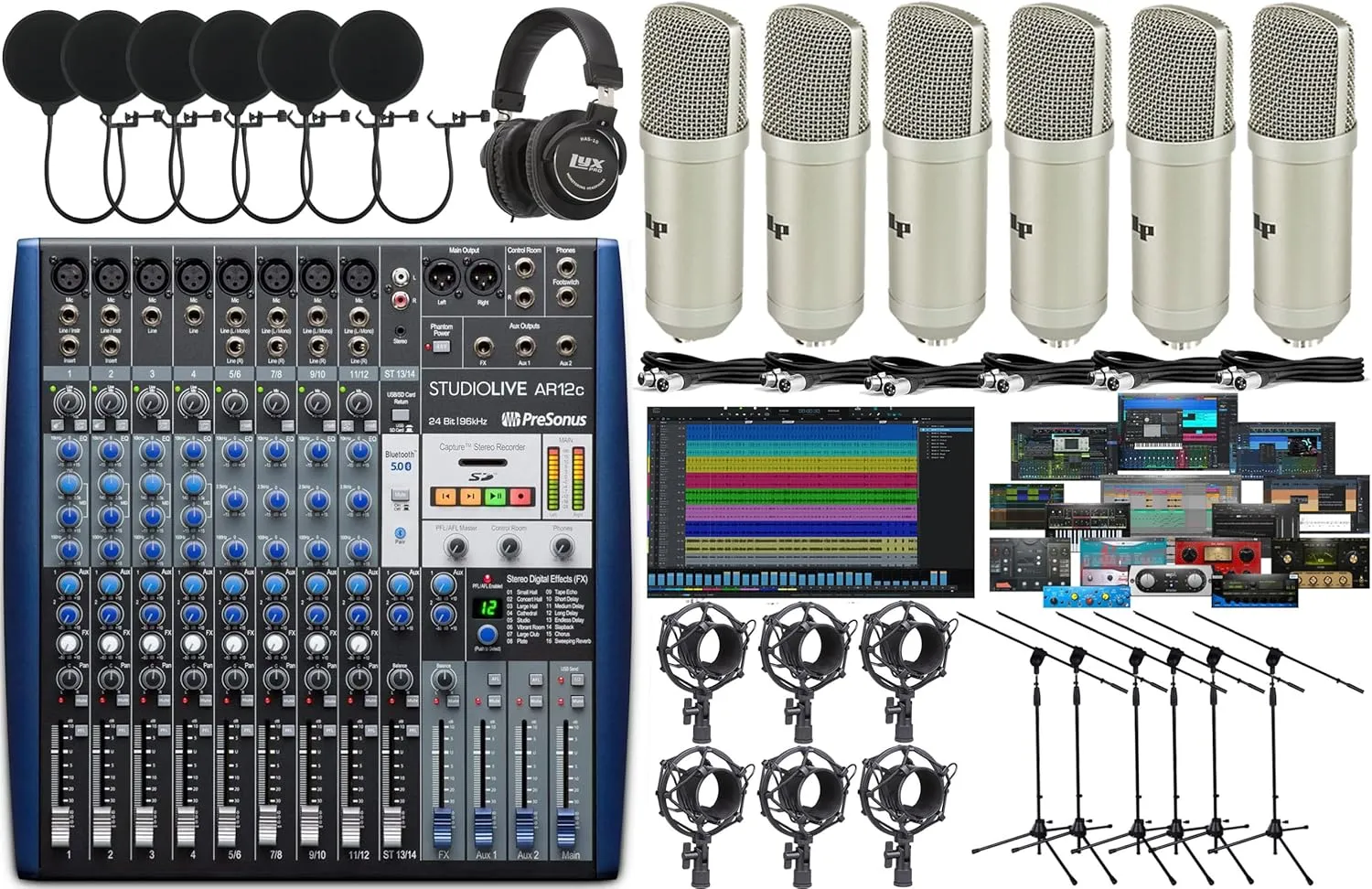 PreSonus StudioLive AR12c 14-Channel Hybrid Mixer and Audio Interface with Effects with 6x LP Professional Condenser Recording Microphones Sets, XLR Cables, Shock Mounts & Mic Stands & Headphones