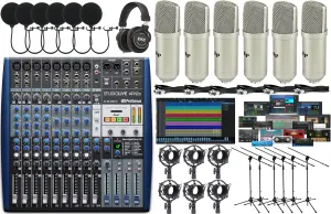 PreSonus StudioLive AR12c 14-Channel Hybrid Mixer and Audio Interface with Effects with 6x LP Professional Condenser Recording Microphones Sets, XLR Cables, Shock Mounts & Mic Stands & Headphones