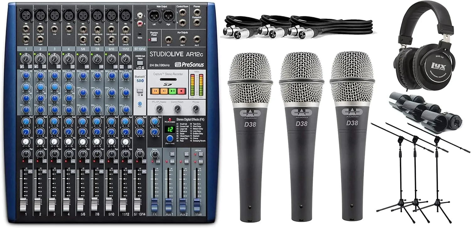 PreSonus StudioLive AR12c 14-Channel Mixer and Audio Interface with Effects with CADLive 3x Supercardioid Dynamic Handheld Microphones Sets and LyxPro Mic Stands