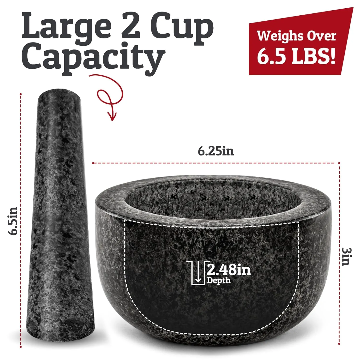 Priority Chef Heavy Duty Large 2 Cup Mortar and Pestle Set,100% Granite, Non Slip Base, Make Fresh Guacamole, Salsa, Pesto, Stone Grinder Bowl, Herb Crusher, Spice Grinder, 6.3 Inch Size, Black