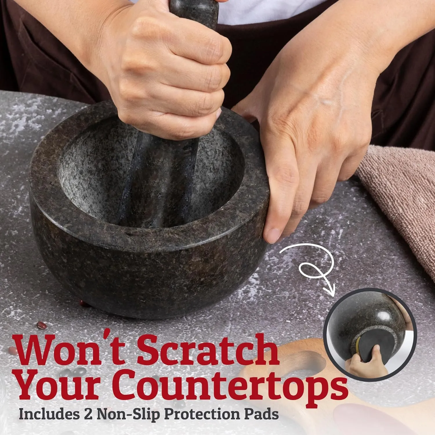 Priority Chef Heavy Duty Large 2 Cup Mortar and Pestle Set,100% Granite, Non Slip Base, Make Fresh Guacamole, Salsa, Pesto, Stone Grinder Bowl, Herb Crusher, Spice Grinder, 6.3 Inch Size, Black