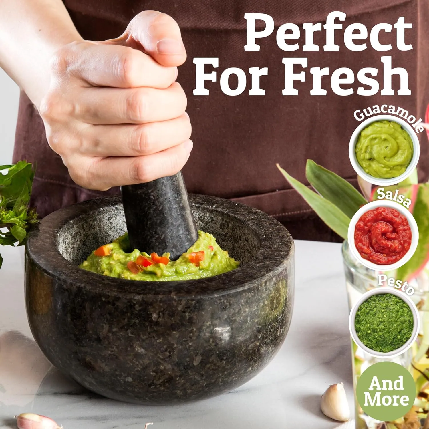 Priority Chef Heavy Duty Large 2 Cup Mortar and Pestle Set,100% Granite, Non Slip Base, Make Fresh Guacamole, Salsa, Pesto, Stone Grinder Bowl, Herb Crusher, Spice Grinder, 6.3 Inch Size, Black