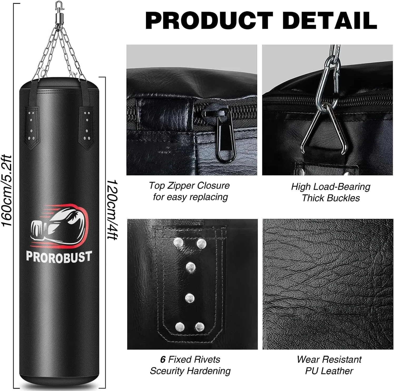 Prorobust Punching Bag for Adults, 4ft PU Heavy Boxing Bag Set with 12OZ Gloves for MMA Kickboxing Boxing Karate Home Gym Training (Unfilled)