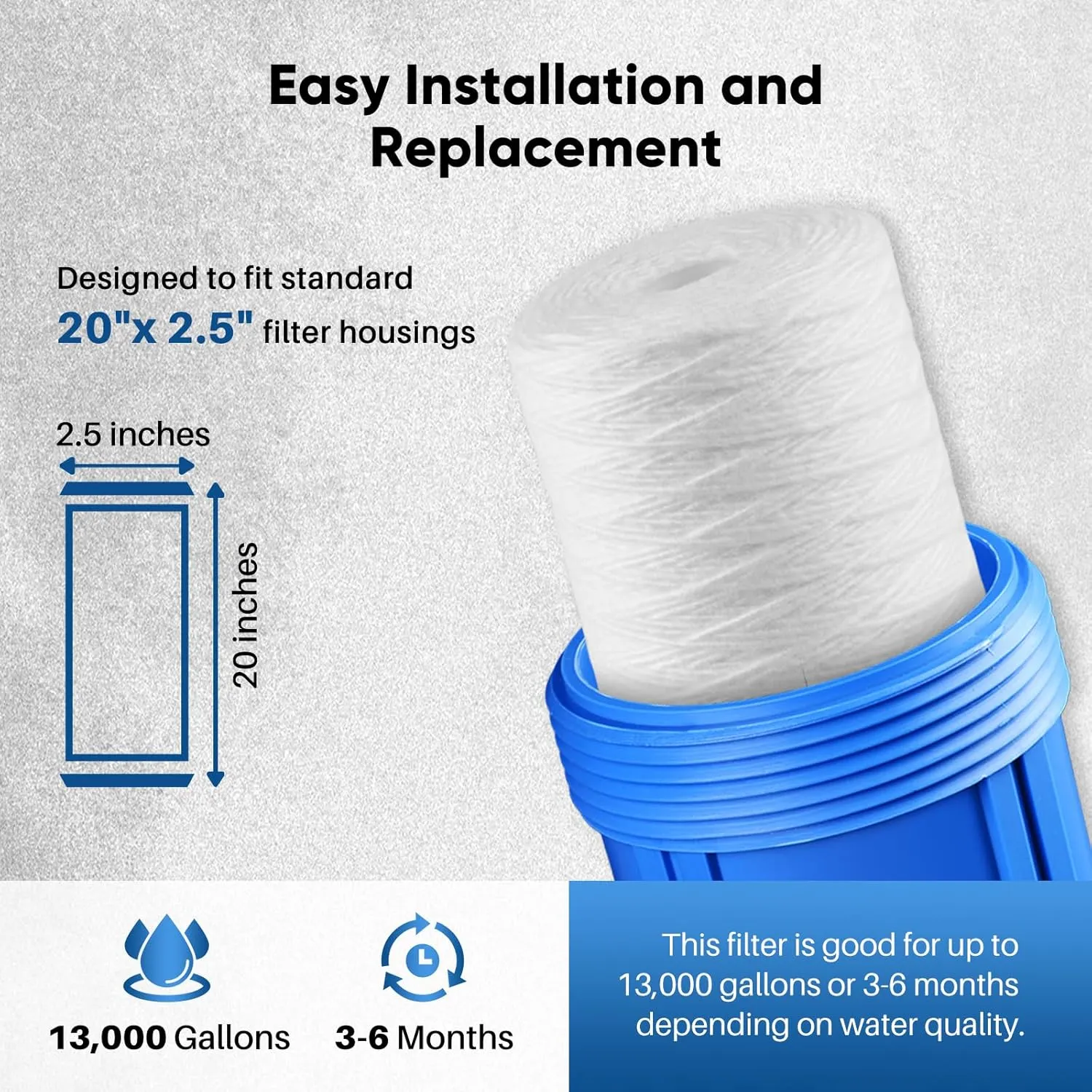 PUREPLUS 5 Micron 2.5" x 20" Whole House String Wound Sediment Filter for Well Water, Replacement Cartridge for Aqua Pure AP110-2C, Pentek P1-20/SP-P1-20/PX01-20, Watts FPMB5-20, WPP-F20-5, 6Pack