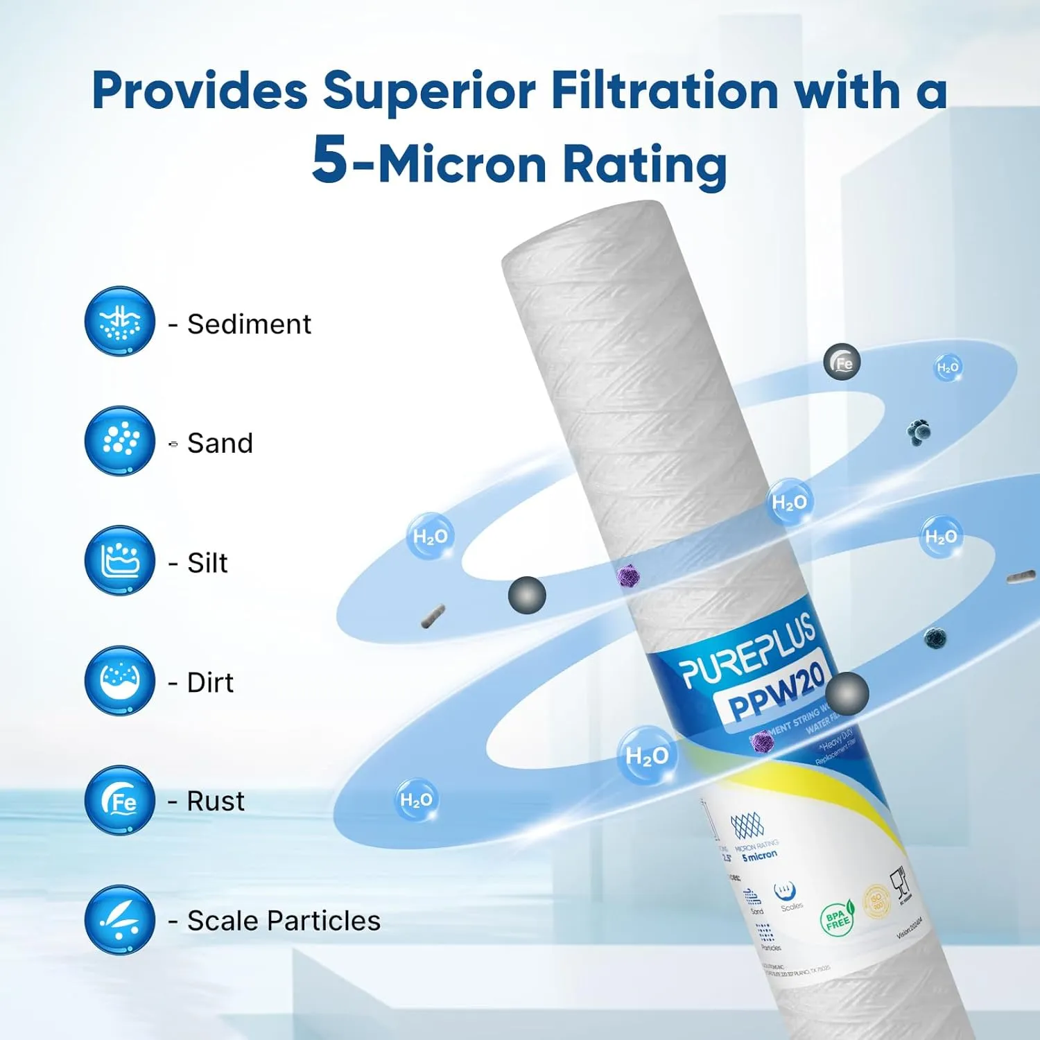 PUREPLUS 5 Micron 2.5" x 20" Whole House String Wound Sediment Filter for Well Water, Replacement Cartridge for Aqua Pure AP110-2C, Pentek P1-20/SP-P1-20/PX01-20, Watts FPMB5-20, WPP-F20-5, 6Pack