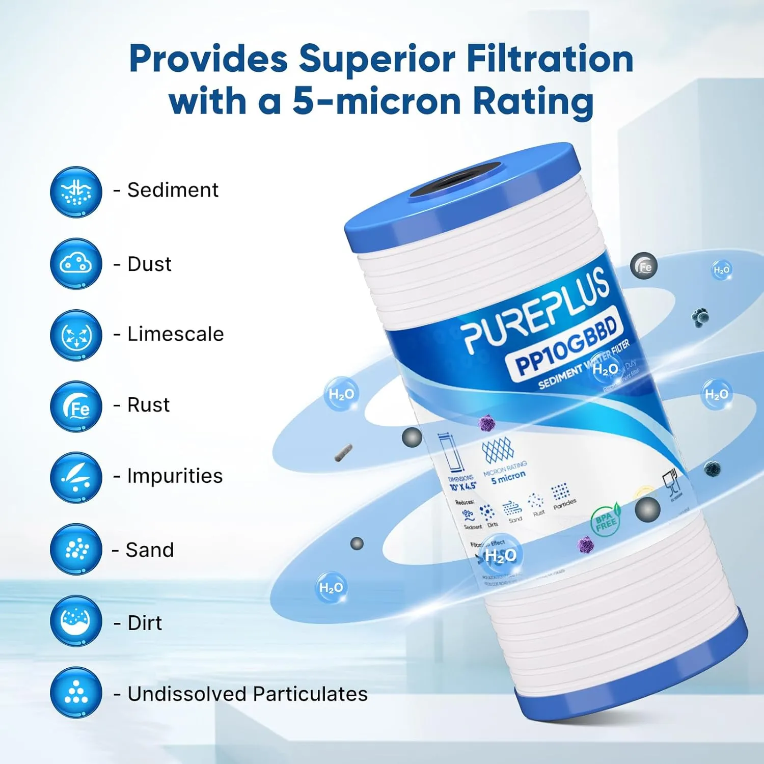 PUREPLUS AP810 Whole House Grooved Sediment Water Filter, Replacement Cartridge for 3M Aqua-Pure AP810, AP811, AP801, AP801-C, AP801T, AP801B, Whirlpool WHKF-GD25BB,WHKF-DWHBB,5 Micron 10"x4.5", 3Pack