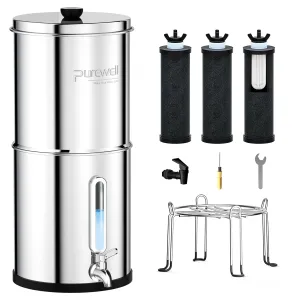 Purewell 2.25G Gravity-fed Water Filter System with 3 Filters, 3-Stage Ultra-Filtration Stainless Steel Countertop System with Water Level Window, Reduce 99% Chlorine, 9,000G Filter Capacity, PW-KS-3C