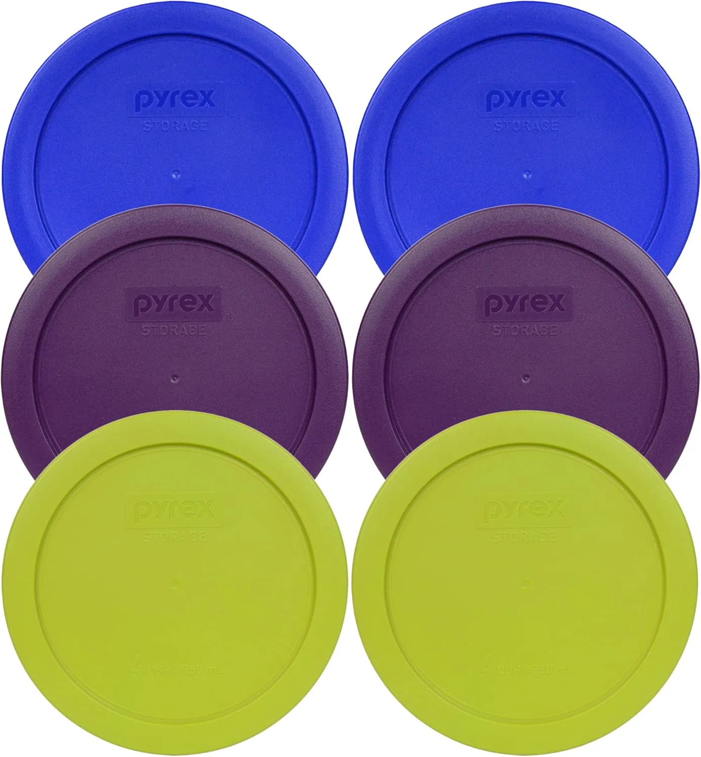 Pyrex 7201-PC 4 Cup (2) Cadet Blue, (2) Purple, & (2) Edamame Green Plastic Storage Lids, Made in USA