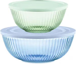 Pyrex Colors (2-Pack) Sculpted Tinted Medium/Large Glass Mixing Bowls With Lids, Nesting Space Saving Set of Bowls For Prepping and Baking, 2.3QT & 4.5QT