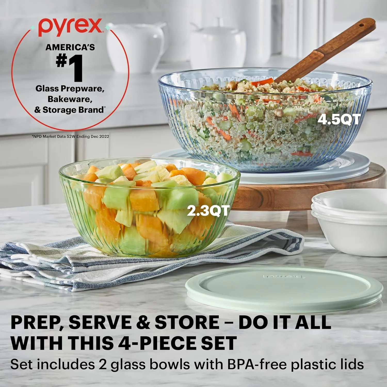 Pyrex Colors (2-Pack) Sculpted Tinted Medium/Large Glass Mixing Bowls With Lids, Nesting Space Saving Set of Bowls For Prepping and Baking, 2.3QT & 4.5QT