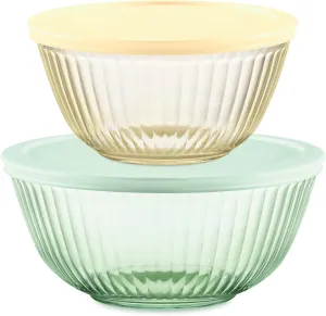Pyrex Colors (2-Pack) Sculpted Tinted Small/Medium Glass Mixing Bowls With Lids, Nesting Space Saving Set of Bowls For Prepping and Baking, 1.3QT & 2.3QT