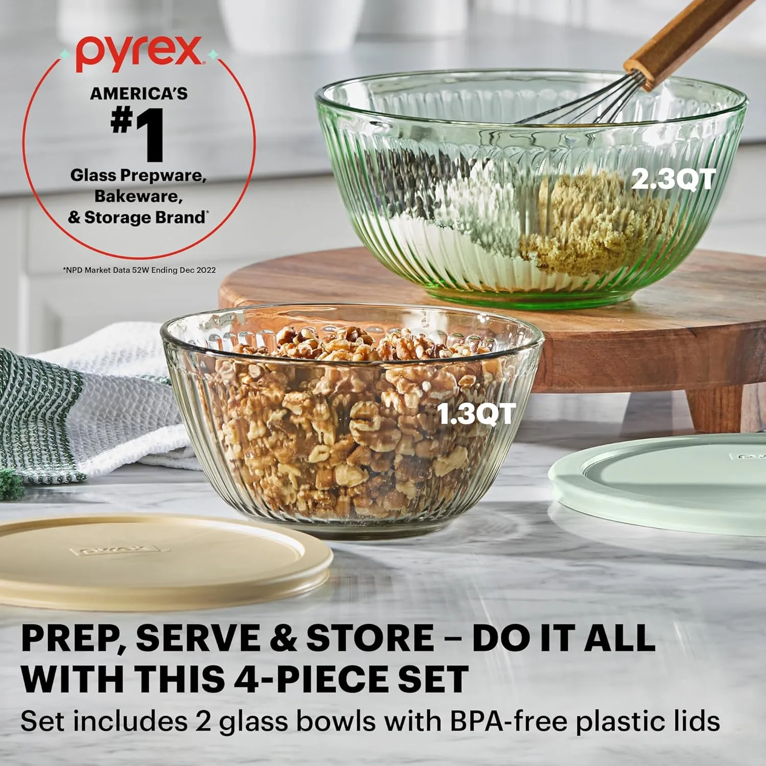 Pyrex Colors (2-Pack) Sculpted Tinted Small/Medium Glass Mixing Bowls With Lids, Nesting Space Saving Set of Bowls For Prepping and Baking, 1.3QT & 2.3QT