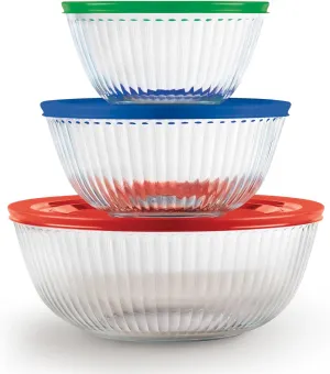 Pyrex Sculpted (3-Pack) Glass Mixing Bowls Set With Lids For Prepping, Baking and Cooking, Preheated Oven, Dishwasher, Freezer, and Microwave Safe