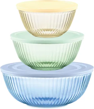 Pyrex Year Of Color Sculpted (3-Pack| 1.3 QT, 2.3 QT, 4.5 QT) Tinted Glass Mixing Bowls Set With Lids For Prepping, Baking and Cooking, Preheated Oven, Dishwasher, Freezer, and Microwave Safe