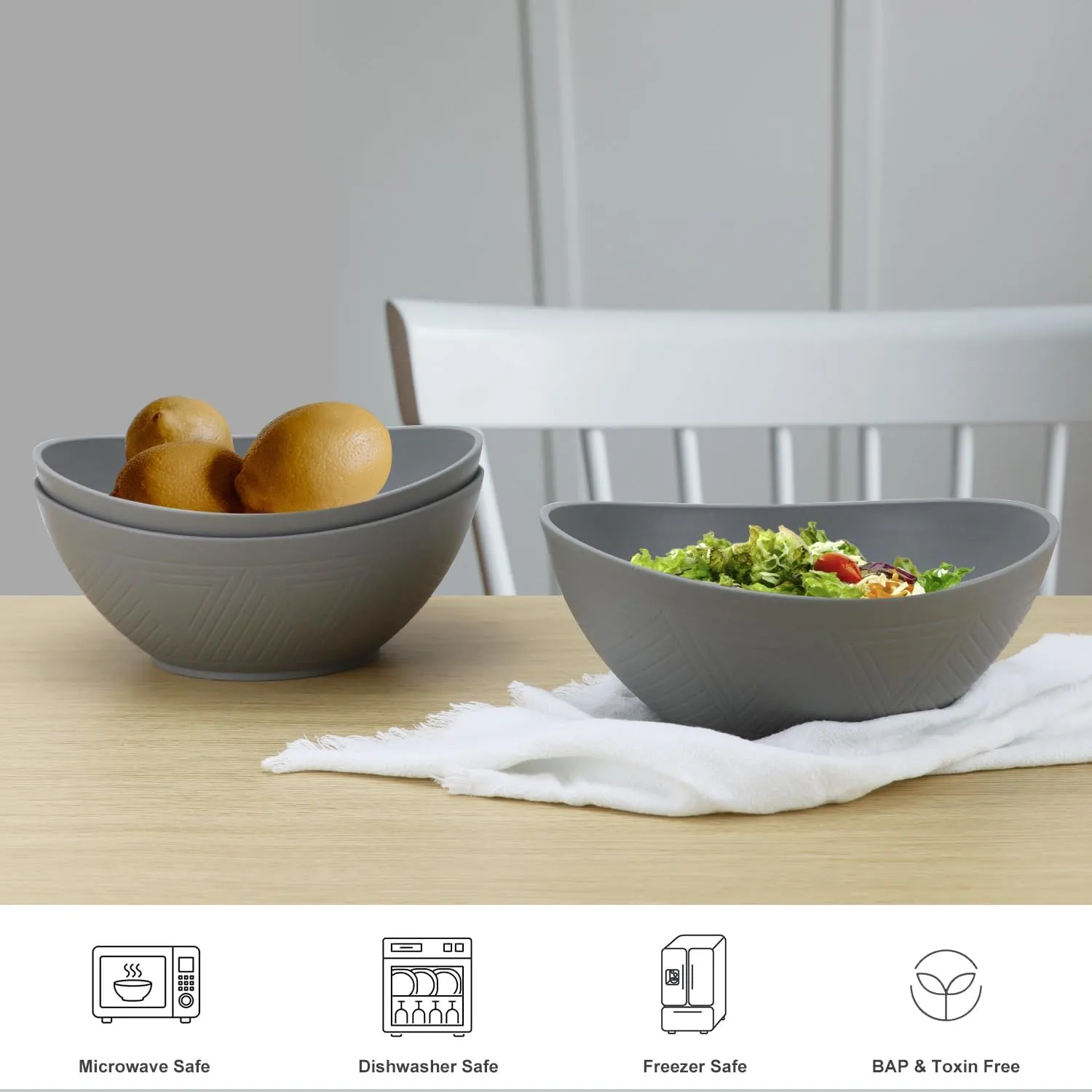 PYRMONT Large Cereal Bowls,Serving Bowls,Plastic bowl of 4,65 Oz Salad Bowls,Big Bowl for Soup,Salad,Pasta,Cereal,Stackable for Easy Storage Microwave & Dishwasher Safe (Gray)
