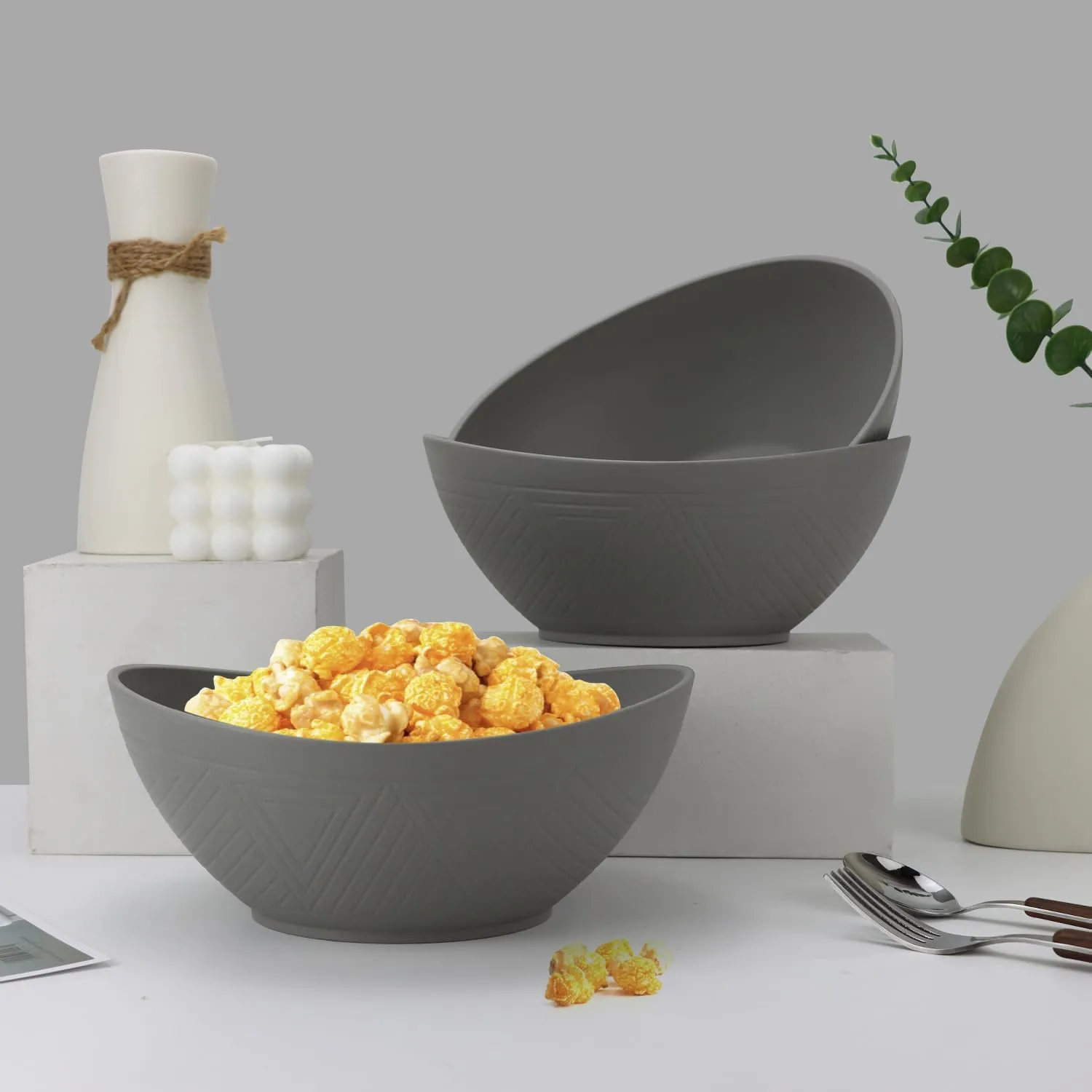 PYRMONT Large Cereal Bowls,Serving Bowls,Plastic bowl of 4,65 Oz Salad Bowls,Big Bowl for Soup,Salad,Pasta,Cereal,Stackable for Easy Storage Microwave & Dishwasher Safe (Gray)