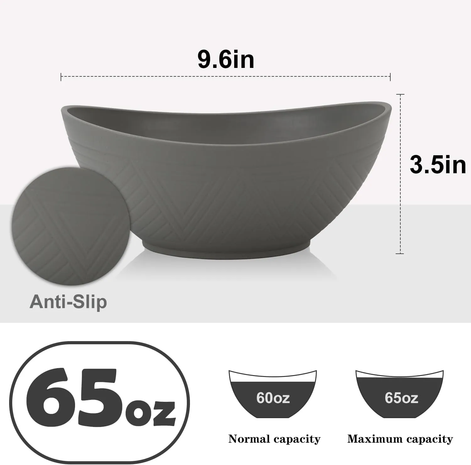 PYRMONT Large Cereal Bowls,Serving Bowls,Plastic bowl of 4,65 Oz Salad Bowls,Big Bowl for Soup,Salad,Pasta,Cereal,Stackable for Easy Storage Microwave & Dishwasher Safe (Gray)