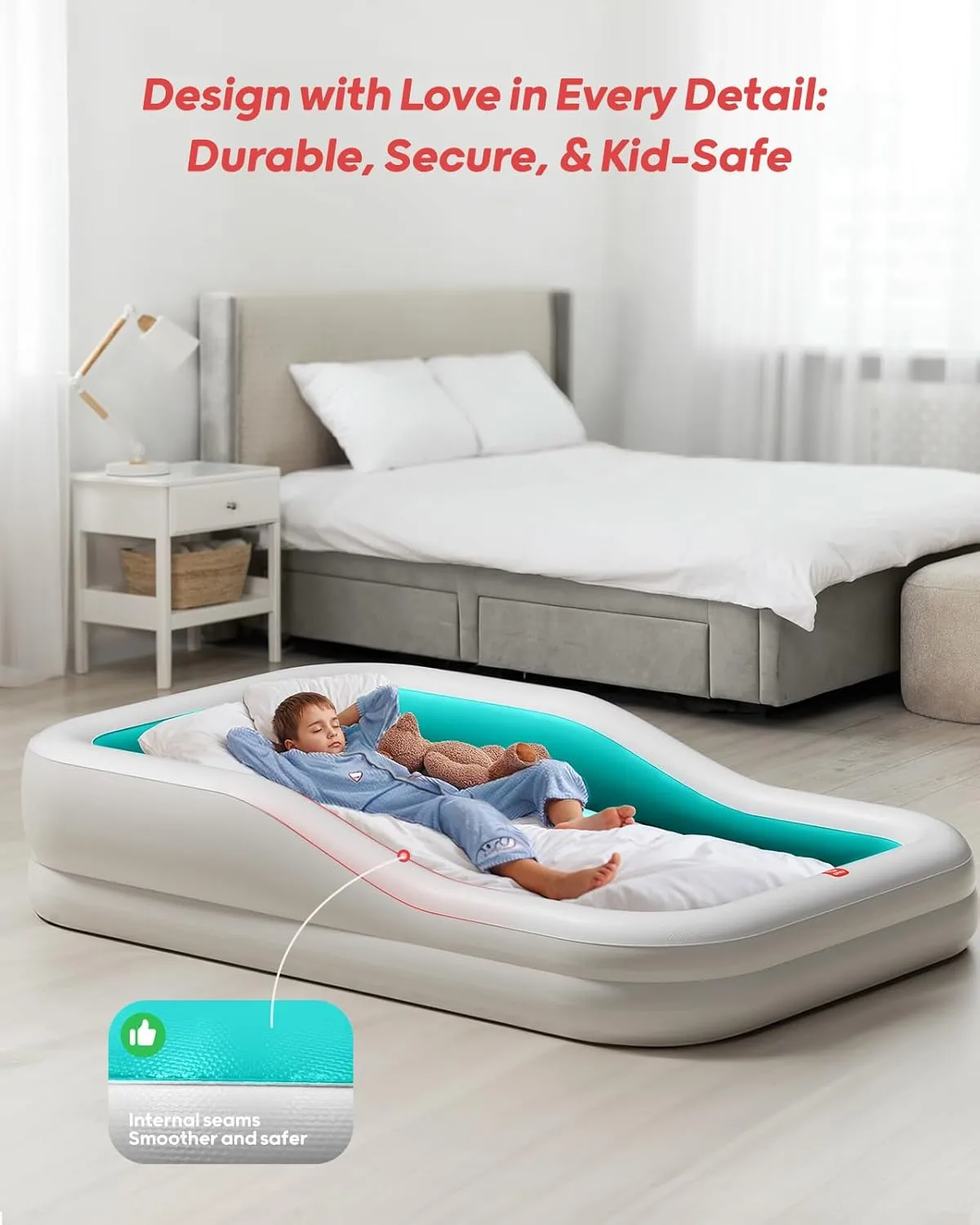 QPAU Inflatable Toddler Travel Bed with 3-Sided Safety Bumpers, Extra Large Kids Air Mattress, Includes Fast Electric Pump & Detachable Mattress, Portable for Camping, Travel, Home Use (Cyan)