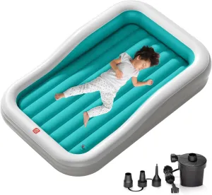 QPAU Inflatable Toddler Travel Bed with 3-Sided Safety Bumpers, Extra Large Kids Air Mattress, Includes Fast Electric Pump & Detachable Mattress, Portable for Camping, Travel, Home Use (Cyan)