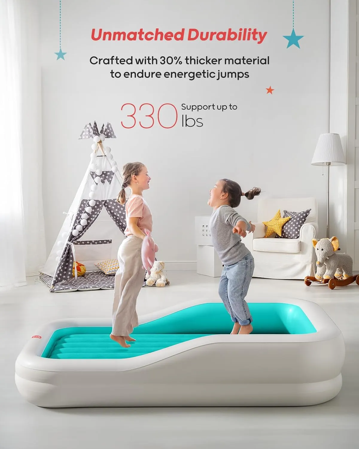 QPAU Inflatable Toddler Travel Bed with 3-Sided Safety Bumpers, Extra Large Kids Air Mattress, Includes Fast Electric Pump & Detachable Mattress, Portable for Camping, Travel, Home Use (Cyan)