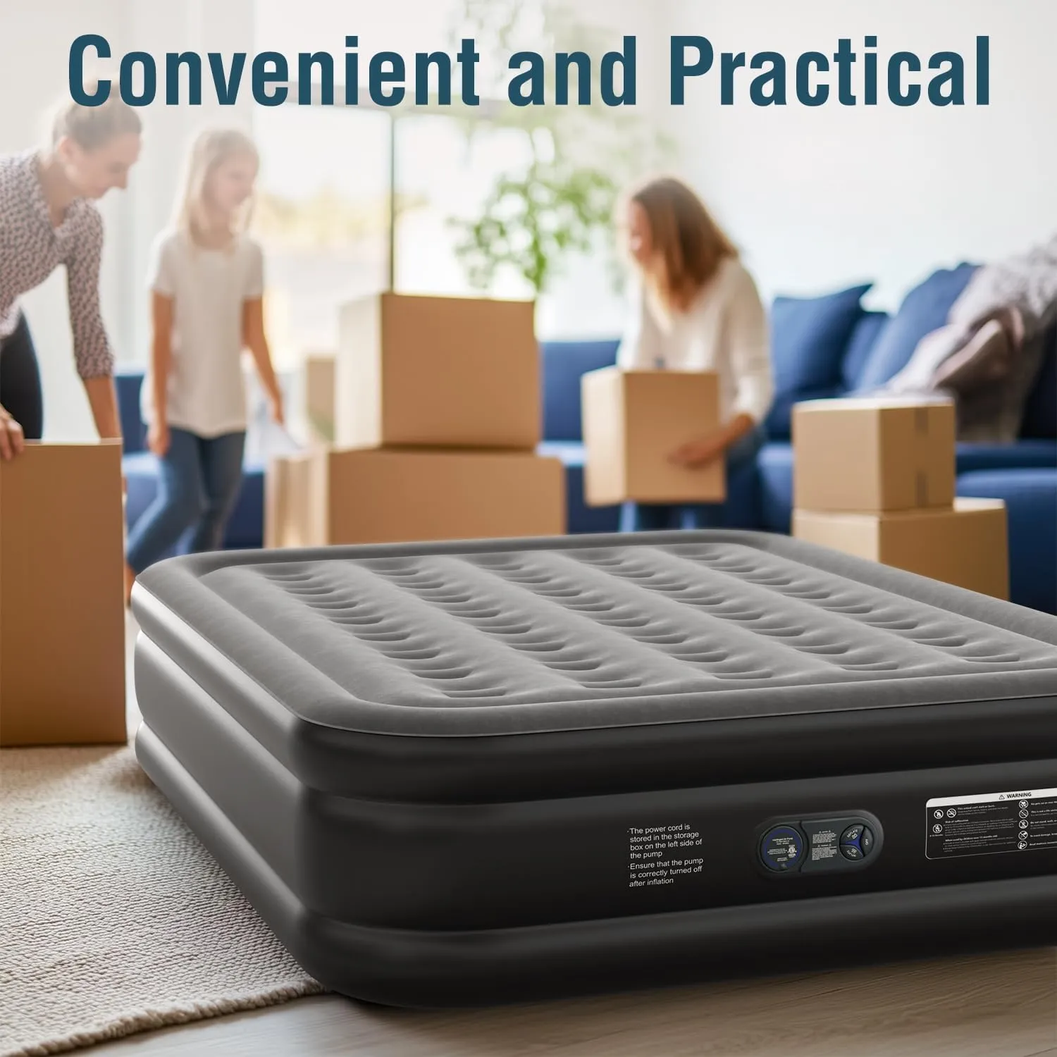 Queen Air Mattress Queen with Built in Pump 16" Double Height Inflatable Mattress with Soft Flocked Top & Carry Bag Adjustable Blow Up Mattress Portable Air Bed for Guest Indoor