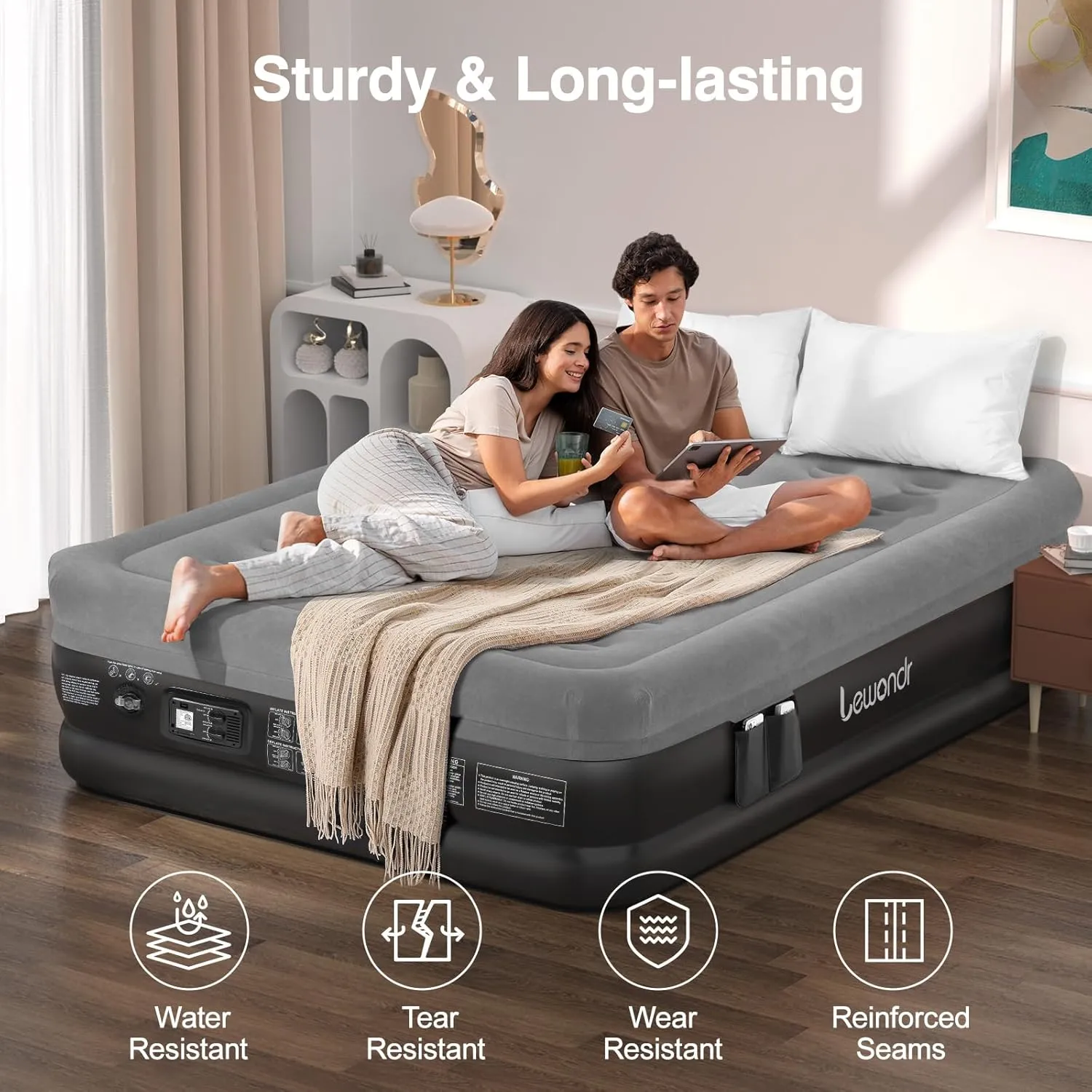 Queen Air Mattress with Built in Pump,18" Deluxe Blow Up Mattress Airbed, Comfy Self Inflating Air Mattress, 3Min Fast Inflatable Mattress for Camping, Home, Guests, Travel(661lb MAX), Gray