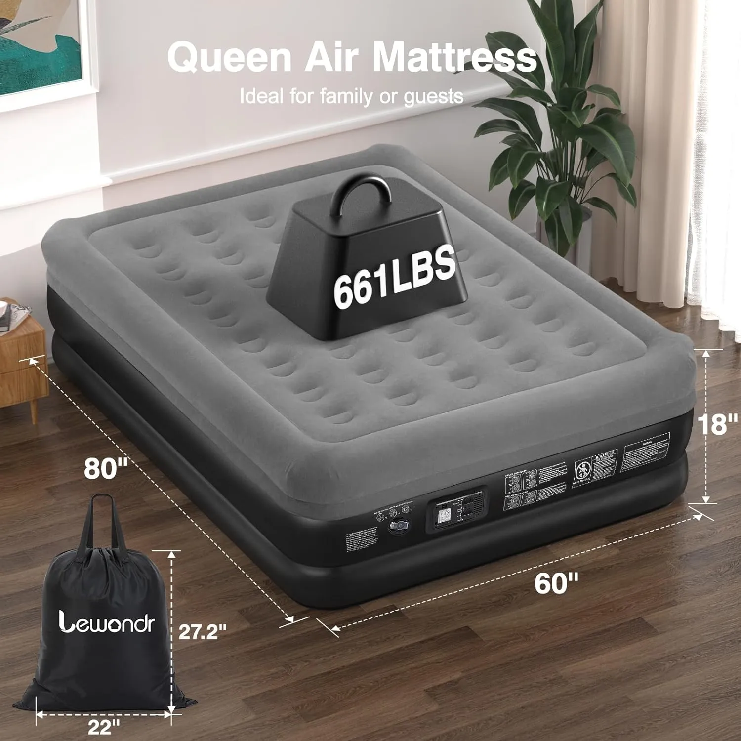 Queen Air Mattress with Built in Pump,18" Deluxe Blow Up Mattress Airbed, Comfy Self Inflating Air Mattress, 3Min Fast Inflatable Mattress for Camping, Home, Guests, Travel(661lb MAX), Gray