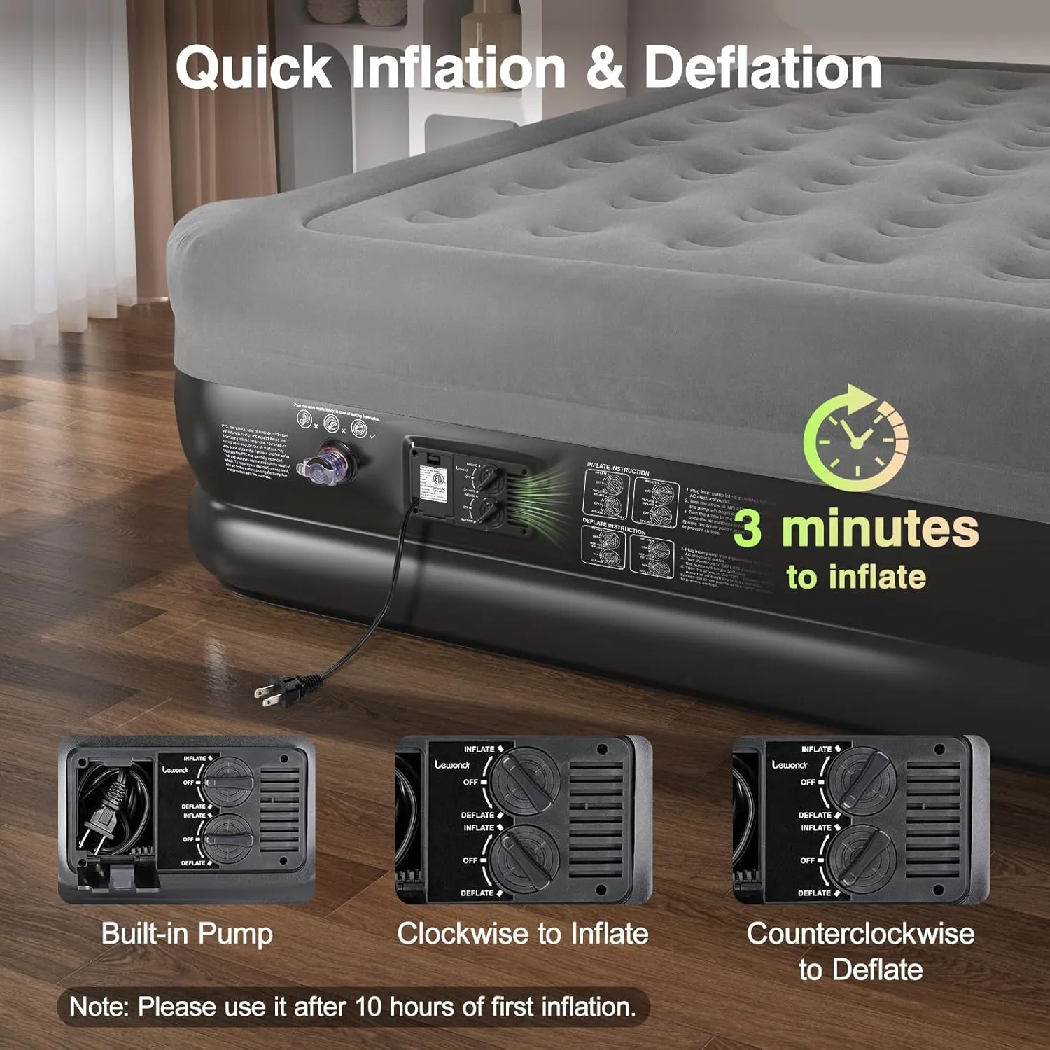 Queen Air Mattress with Built in Pump,18" Deluxe Blow Up Mattress Airbed, Comfy Self Inflating Air Mattress, 3Min Fast Inflatable Mattress for Camping, Home, Guests, Travel(661lb MAX), Gray