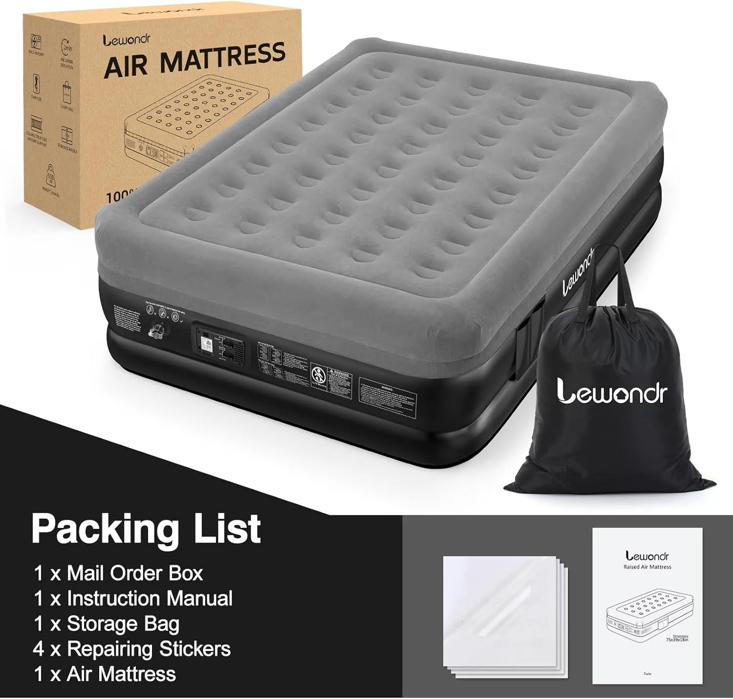 Queen Air Mattress with Built in Pump,18" Deluxe Blow Up Mattress Airbed, Comfy Self Inflating Air Mattress, 3Min Fast Inflatable Mattress for Camping, Home, Guests, Travel(661lb MAX), Gray