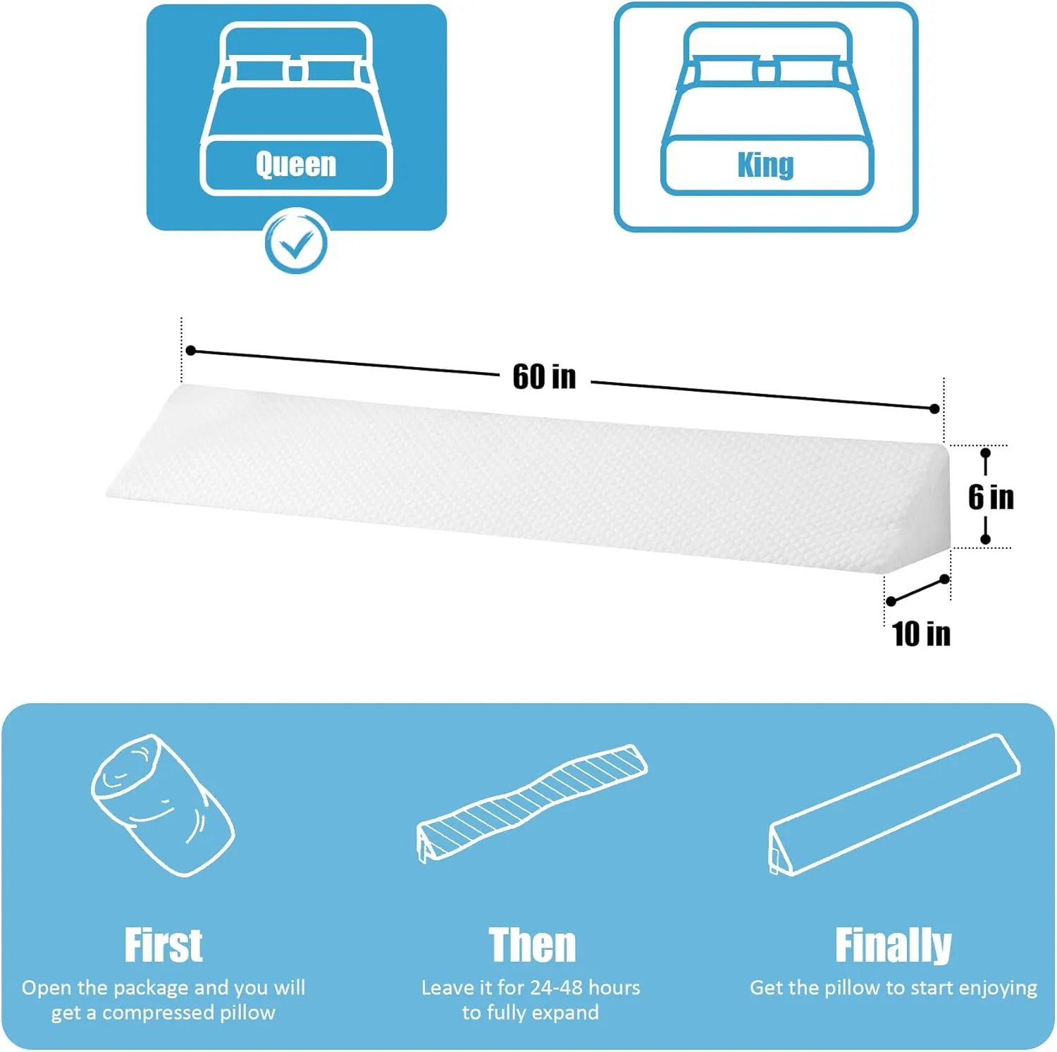 Queen Bed Wedge Pillow for Headboard, Bed Gap Filler, Triangle Pillow Wedge for Headboard Gap, Bolster Pillows for Beds, Anti-Slip Mattress Wedge Gap Filler, 60"×10"×6", Air-Layer White