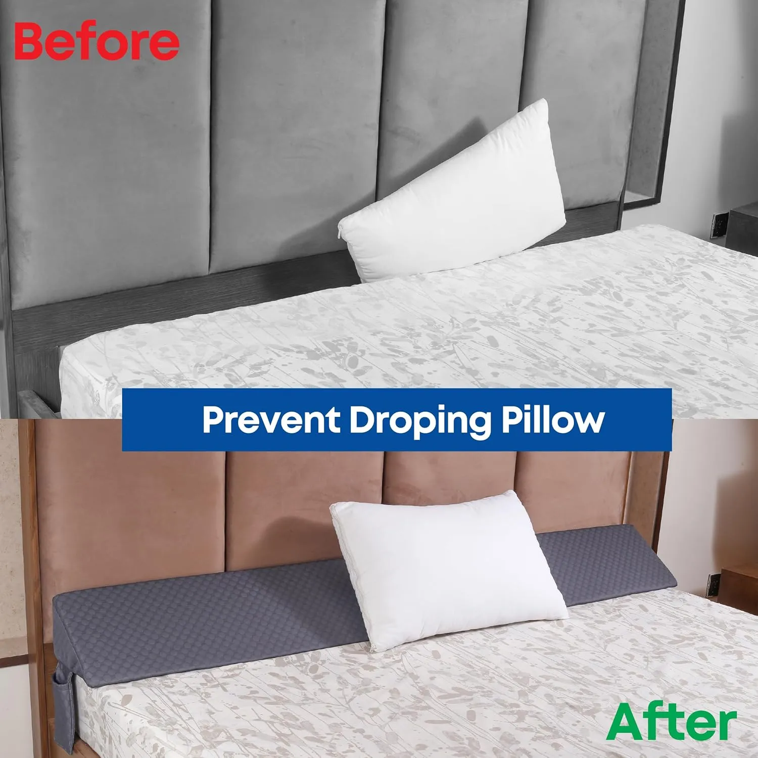 Queen Bed Wedge Pillow for Headboard with Side Pocket - Triangle Bed Wedge Gap Filler - Adjustable Width Head Board Pillow Wedge - Polyurethane Foam Support Mattress Gap Filler