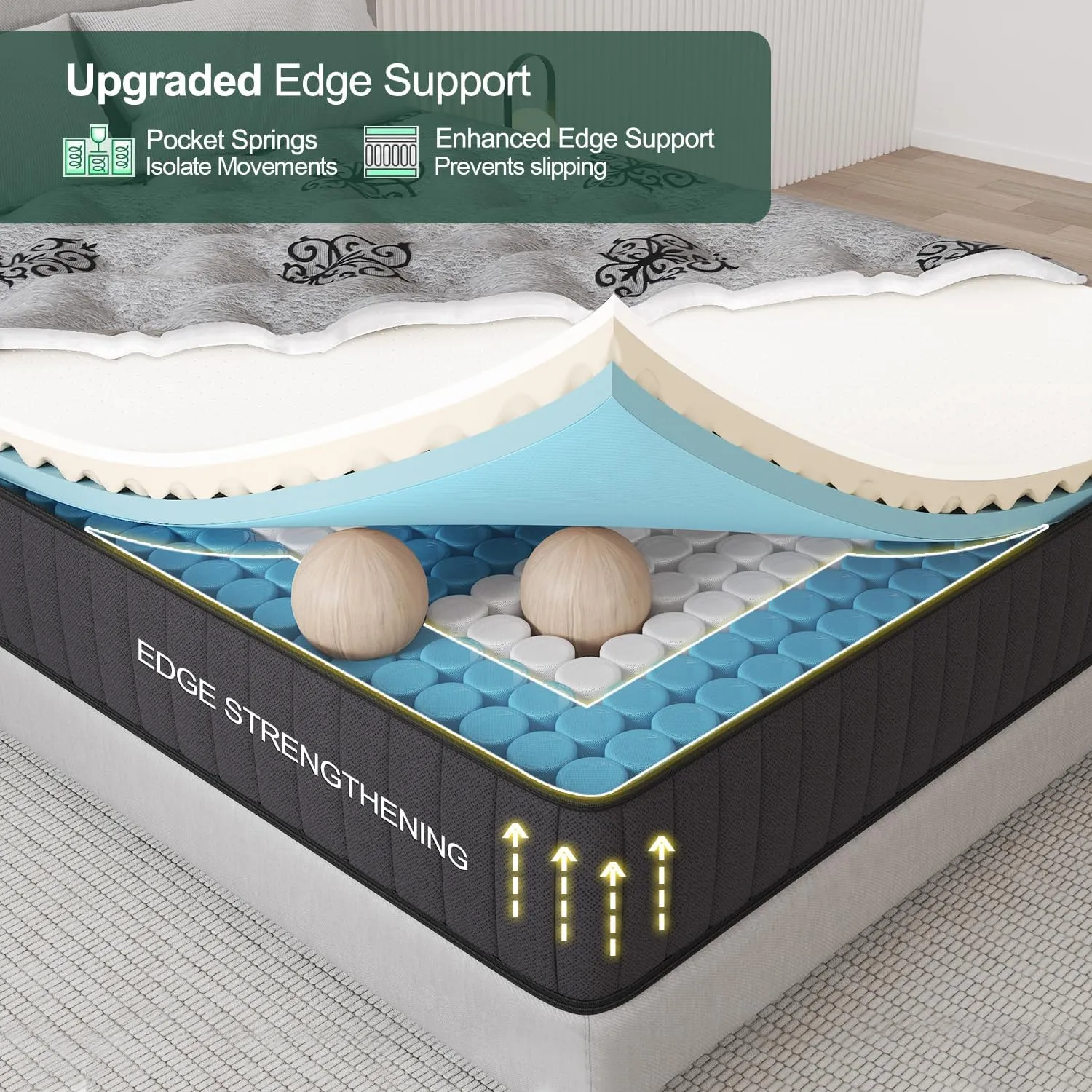 Queen Mattress, 12 Inch Hybrid Mattress Bed in a Box with Gel Memory Foam & Pocket Spring, Euro Top, Medium Firm for Back Support & Pressure Relief, Motion Isolation, Grey