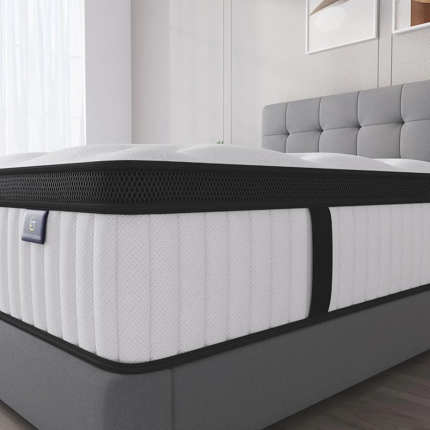 Queen Mattress, 12 Inch Hybrid Mattress in a Box, Memory Foam and Pocket Springs, Fiberglass Free, Soft and Breathable, Medium Firm Feel