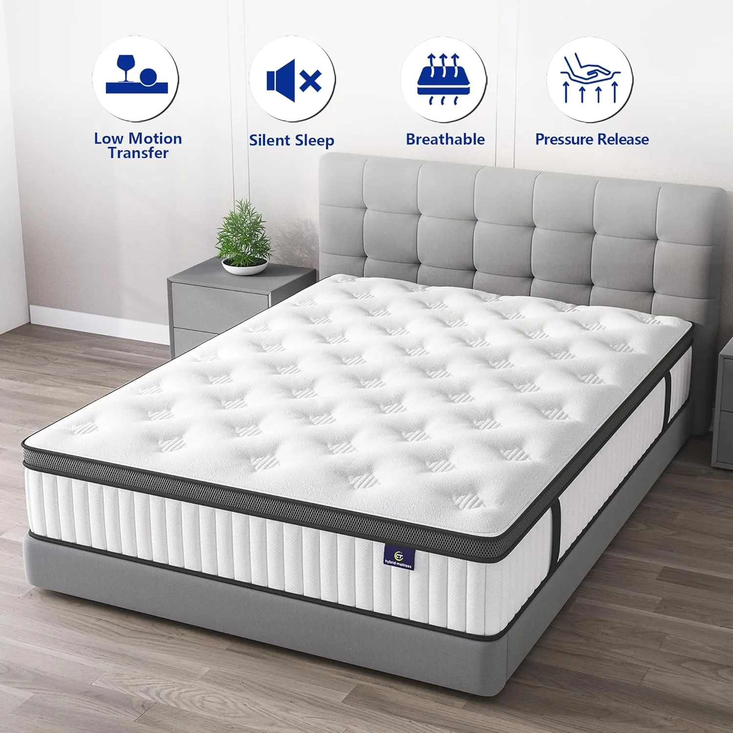 Queen Mattress, 12 Inch Hybrid Mattress in a Box, Memory Foam and Pocket Springs, Fiberglass Free, Soft and Breathable, Medium Firm Feel
