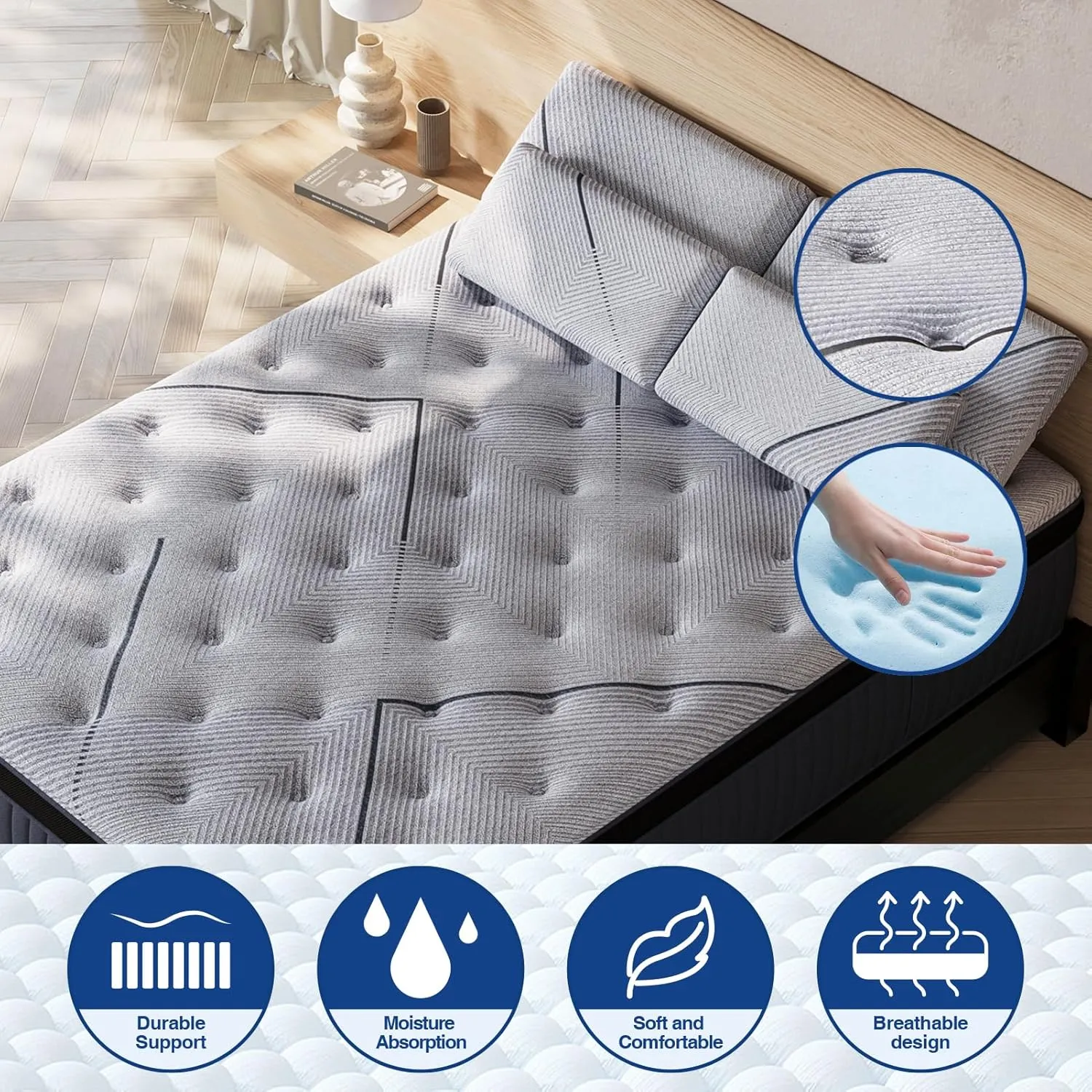 Queen Mattress, 14Inch Medium Queen Hybrid Mattress,Cooling Gel Memory Foam & 7-Zone Individual Pocket Springs, Queen Size Mattress in Box for Supportive & Pressure Relief,60 x 80