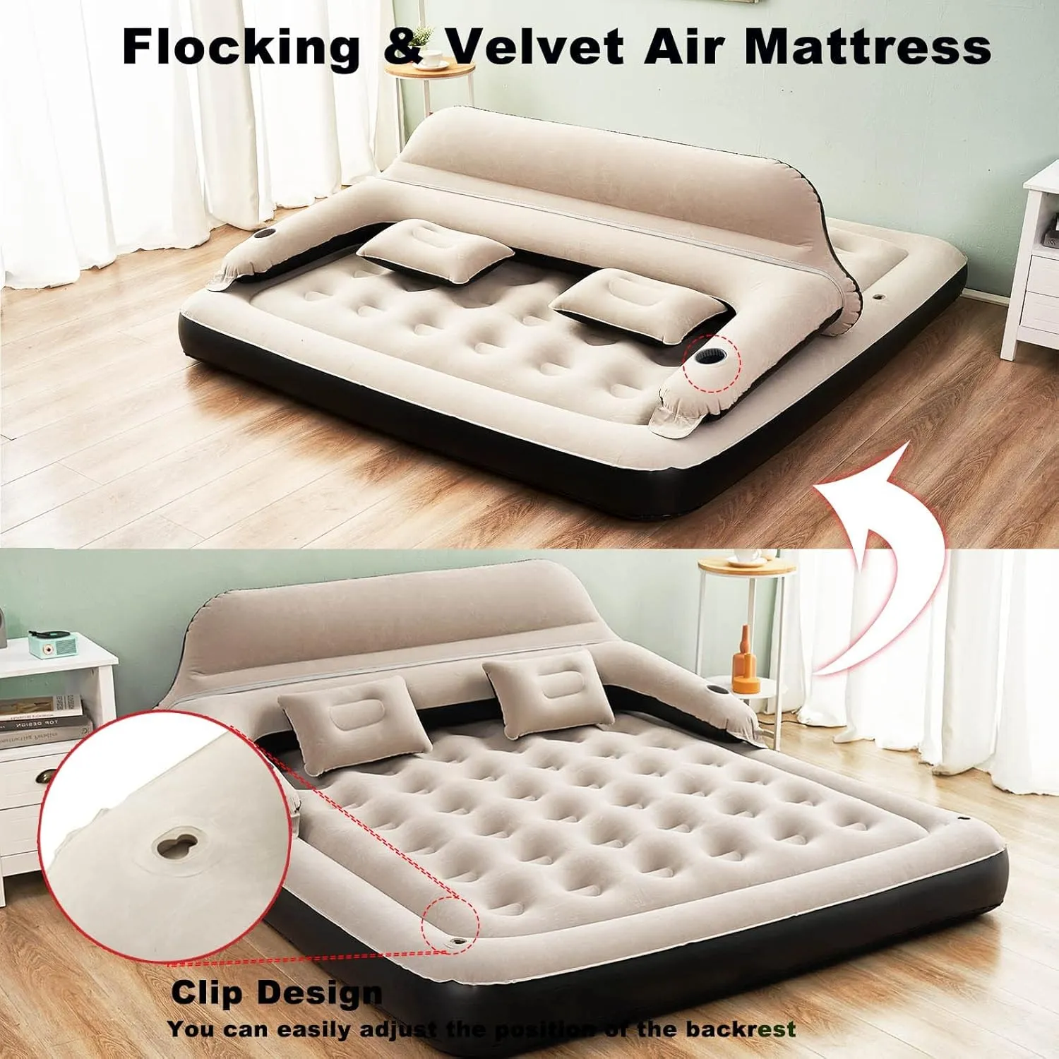 Queen Size Air Mattress Inflatable Bed with Headboard and Pillows, Blow Up Sofabed